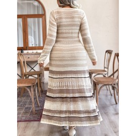 Plus Size - Plus Size - Plus Size - Elegant Plus Size V-Neck Long Sleeve Dress with Color Block Design - Lightweight Breathable Fabric, Ruffled Hem & Layered Skirt