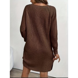 Plus Size, Women's Olive Green V-Neck Collar Sweater Dress with Short Sleeves & Single Button Closure - A-Line Winter Dress for, Office, Semi-Formal Wear - Machine Washable Cozy Outfit