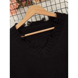 Plus Size Cross Pattern Knit Sweater, Casual Long Sleeve V Neck Raw Hem Top For Fall & Winter, Women's Plus Size Clothing