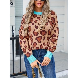 Plus Size - Women'S Plus Size Leopard Print Sweater with Turquoise Cuffs - Cozy Pullover, Loose Fit, Round Neck, Casual Style for Spring/Fall, Casual Wear|Leopard Print Top|Stretchy Fabric