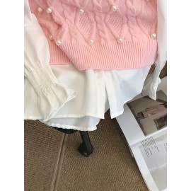 Plus Size, Plus Size Women's Elegant Pearl-Embellished Soft Pink Vest - Round Neck Sleeveless All-Season Versatile Layering Piece for Casual & Formal Outfits, Seasonal Fashion, Sophisticated Weaving