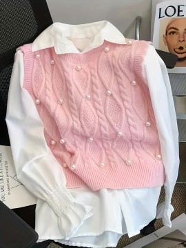 Plus Size, Plus Size Women's Elegant Pearl-Embellished Soft Pink Vest - Round Neck Sleeveless All-Season Versatile Layering Piece for Casual & Formal Outfits, Seasonal Fashion, Sophisticated Weaving