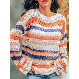 [Bohemian Knit Top] Vintage Bohemian Style Color Block Knit Top - Hollow-Out Design, Long Sleeve, Round Neck Pullover for Women