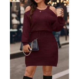 [Elegant Dress] Elegant Plus Size Women's Off-Shoulder Dress | Long Sleeve Round Neck with Waist Tie & Pencil Silhouette, Solid Color Machine Washable Resort Wear for Spring/Fall