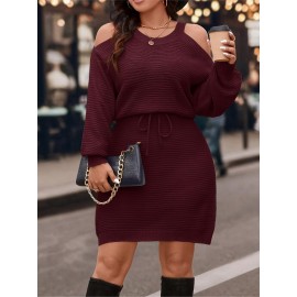 [Elegant Dress] Elegant Plus Size Women's Off-Shoulder Dress | Long Sleeve Round Neck with Waist Tie & Pencil Silhouette, Solid Color Machine Washable Resort Wear for Spring/Fall