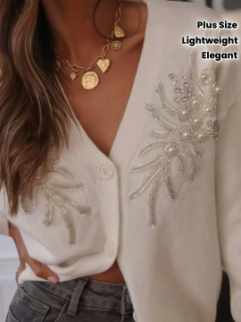 Plus Size - Women'S Elegant V-Neck Cardigan with Pearl Embellishments - French Chic Button-Front Design, Long Sleeve, Lightweight for Fall/Winter, White, Winter Cardigans Lightweight