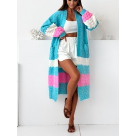 Women'S Elegant Striped Cardigan - Fashionable Off-the-Shoulder Long Sleeve, Deep V-Neck, Large Size, Spring/Fall, Pocket, Casual Wear|Vneck Cardigan|Stretchy Fabric