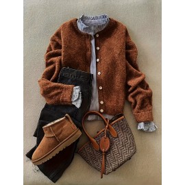 [Fall Winter Apparel] Plus Size Women's Elegant Cardigan | Chic Solid Color Open Front Button-Up Sweater with Ribbed Cuffs, Long Sleeves, and Button Details for Fall/Winter Casual or Office Wear, Versatile Layering Piece