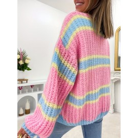 Plus Size, Rice Leaf Selection Fresh Youthful Cardigan for Women, Loose Thick-Needle Color Striped Patchwork Lantern Sleeve Open Collar Casual Sweater Jacket, Autumn Layering Piece, Winter Cozy Wear, Soft Texture