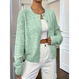 Plus Size - Plus Size - Women'S Elegant Solid Color Long Sleeve Cardigan - Soft Stretchy Button-Front Open Front Sweater, Round Neck Fall/Winter Coat for Casual & Formal Outfits, Cardigan Sweater, Winter Clothing, Stylish Knitwear, Office Wear
