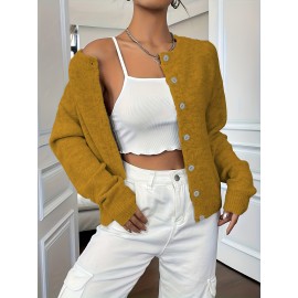 Plus Size - Plus Size - Women'S Elegant Solid Color Long Sleeve Cardigan - Soft Stretchy Button-Front Open Front Sweater, Round Neck Fall/Winter Coat for Casual & Formal Outfits, Cardigan Sweater, Winter Clothing, Stylish Knitwear, Office Wear