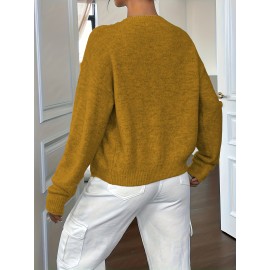 Plus Size - Plus Size - Women'S Elegant Solid Color Long Sleeve Cardigan - Soft Stretchy Button-Front Open Front Sweater, Round Neck Fall/Winter Coat for Casual & Formal Outfits, Cardigan Sweater, Winter Clothing, Stylish Knitwear, Office Wear