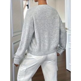 Plus Size - Plus Size - Women'S Elegant Solid Color Long Sleeve Cardigan - Soft Stretchy Button-Front Open Front Sweater, Round Neck Fall/Winter Coat for Casual & Formal Outfits, Cardigan Sweater, Winter Clothing, Stylish Knitwear, Office Wear