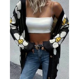 [Floral Cardigan] Plus Size - Plus Size - Women's Elegant Floral Cardigan - Long Sleeve Open Front Sweater with Button Closure, Chic Layering Piece for Fall/Winter, Office, Party, Everyday Outfits - Women's Fashion Sweater, Sweater Cardigan, Party Attire