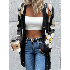 [Floral Cardigan] Plus Size - Plus Size - Women's Elegant Floral Cardigan - Long Sleeve Open Front Sweater with Button Closure, Chic Layering Piece for Fall/Winter, Office, Party, Everyday Outfits - Women's Fashion Sweater, Sweater Cardigan, Party Attire