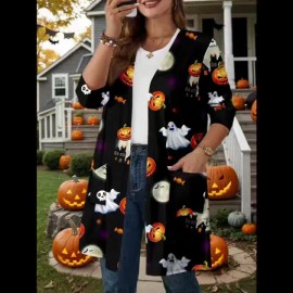Plus Size - Plus Size Women'S Halloween Pumpkin Print Cardigan - Casual Long Sleeve with Ghosts, Bats & Autumn Leaves Design, Black & Orange, Perfect for Fall & Winter, Halloween Costume