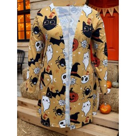 Plus Size - Plus Size Women'S Halloween Pumpkin Print Cardigan - Casual Long Sleeve with Ghosts, Bats & Autumn Leaves Design, Black & Orange, Perfect for Fall & Winter, Halloween Costume
