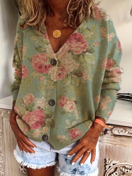 Plus Size, Autumn-Winter V-Neck Loose Fit Off-Shoulder Color Block Gradient Floral Print Button-Up Long Sleeve Women's Cardigan, Casual Elegant Commuter Sweater, Versatile Layering Outerwear