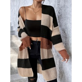[Elegant Cardigan] Soft Elegant Women's Color Block Cardigan | Long Sleeve Mid-Length Sweater with Pockets, Relaxed Fit for Fall Winter, Casual & Formal Outfits