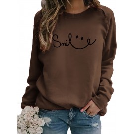 Women's Red joyful Face & Smile Letter Print Sweatshirt - Soft Machine-Washable Polyester Crew Neck Long Sleeve Casual Pullover for Fall Winter, Cozy Everyday Lounge Wear, Comfortable Fit