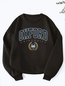 [Oxford University Alphabet Print] Oxford University Alphabet Print Sweatshirt - Casual Crew Neck, Thickened Lined Long Sleeve, 100% Polyester Knit Fabric, 250gsm - Black