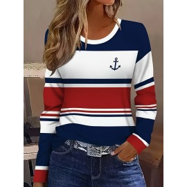 Women's Autumn/ Winter New Arrival Casual Striped Pattern Fleece Fabric Round Neck Long Sleeved T-Shirt Top