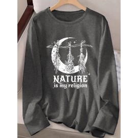 Women's Casual Long Sleeve Crew Neck Graphic T-Shirt - Sun Moon Stars Print with 