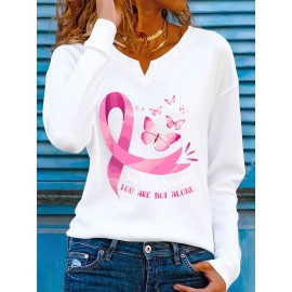 [Breast Cancer Awareness] Women's V-Neck T-Shirt | Pink Ribbon & Butterfly Graphic - 