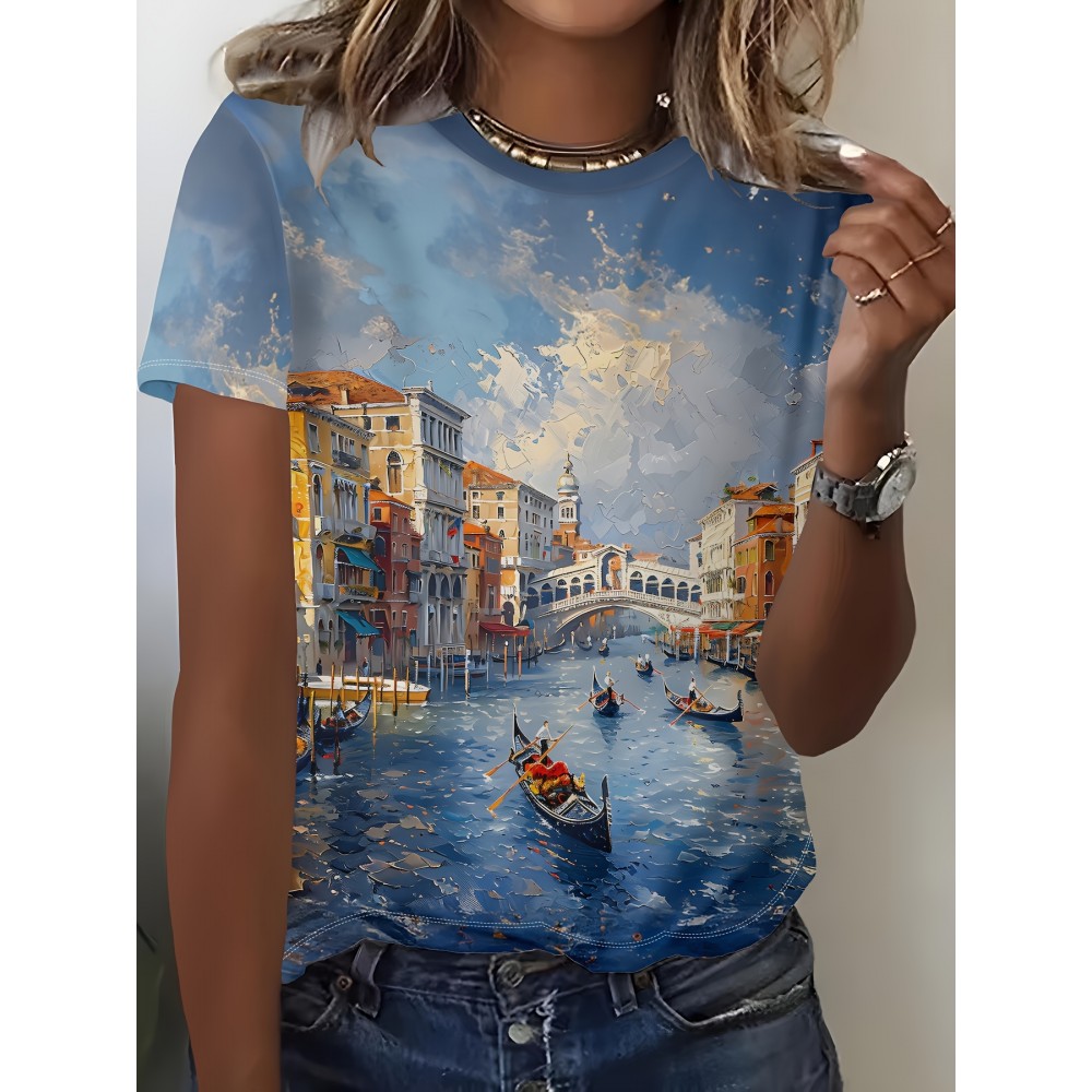 Women's Venice Gondola & Rialto Bridge Print Short Sleeve T-Shirt - Vibrant Venetian Canal Scene, Breathable Round Neck Casual Top for Spring/Summer, Machine Washable, Summer Clothing, Artistic Scene Tee, Nontransparent Fabric