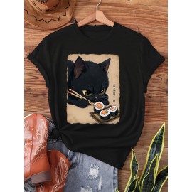 Kawaii Cat Eating Sushi print t-shirt, short sleeve crew neck casual top for summer & spring, Women's clothing