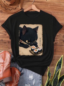 Kawaii Cat Eating Sushi print t-shirt, short sleeve crew neck casual top for summer & spring, Women's clothing