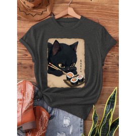 Kawaii Cat Eating Sushi print t-shirt, short sleeve crew neck casual top for summer & spring, Women's clothing