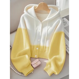 Plus Size - Women'S Korean Style Pink Patchwork Hooded Sweater - Casual Long Sleeve Cardigan with Button Front, Loose Fit for Fall/Winter, Lightweight & Cozy, Buttoned Cardigan