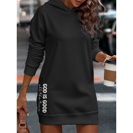 Women's Light Green Hooded Sweatshirt Dress with Inspirational 