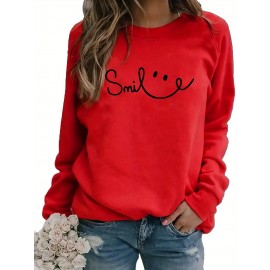 Women's Red joyful Face & Smile Letter Print Sweatshirt - Soft Machine-Washable Polyester Crew Neck Long Sleeve Casual Pullover for Fall Winter, Cozy Everyday Lounge Wear, Comfortable Fit