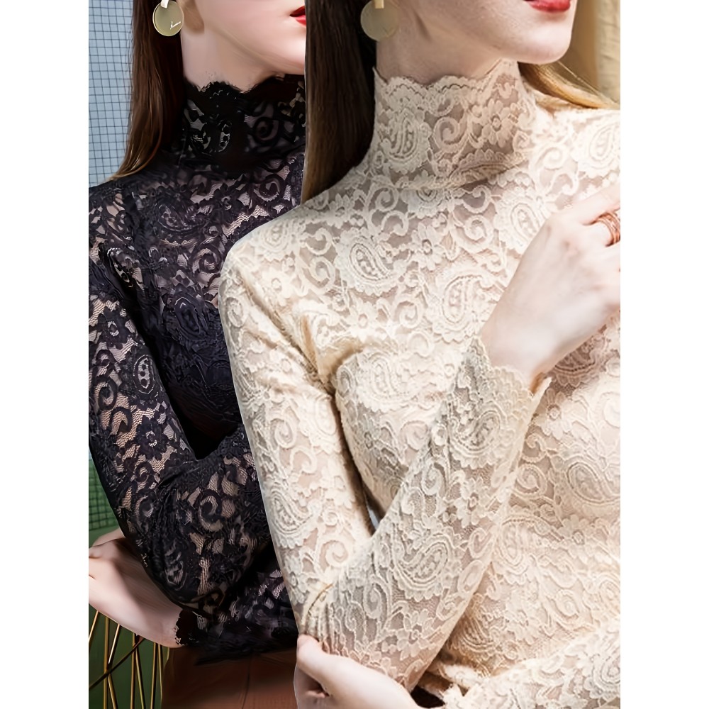 Set of 2, Solid Color Lace Tops, Featuring a Mock Neck And Elegant Long Sleeves, Perfect As a Base Layer for Spring And Autumn, Women'S T-Shirt.