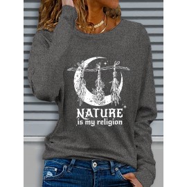 Women's Casual Long Sleeve Crew Neck Graphic T-Shirt - Sun Moon Stars Print with 