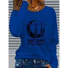 Women's Casual Long Sleeve Crew Neck Graphic T-Shirt - Sun Moon Stars Print with 