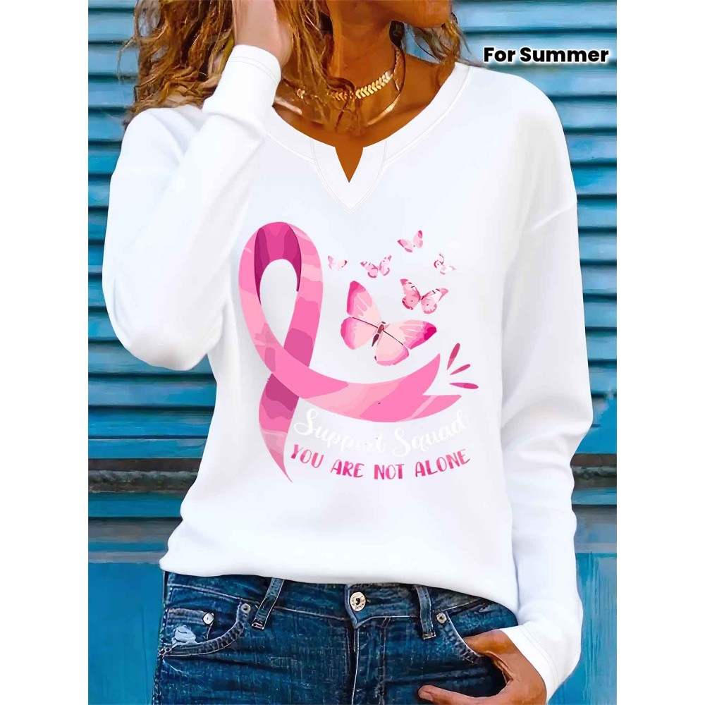 [Breast Cancer Awareness] Women's V-Neck T-Shirt | Pink Ribbon & Butterfly Graphic - 