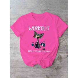 [Humorous Workout T-Shirt] 1pc Women's Casual Short Sleeve T-Shirt | Soft, Lightweight, Humorous Cat & Dumbbell Graphic Print, 